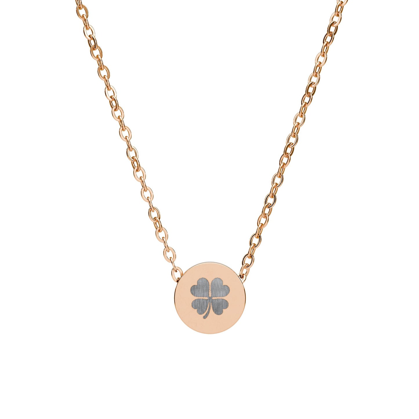 Collar Mini con Trébol de Cuatro Hojas — Colgante Circular Grabado de la Suerte