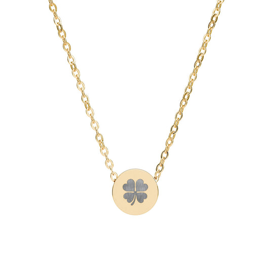 Collar Mini con Trébol de Cuatro Hojas — Colgante Circular Grabado de la Suerte
