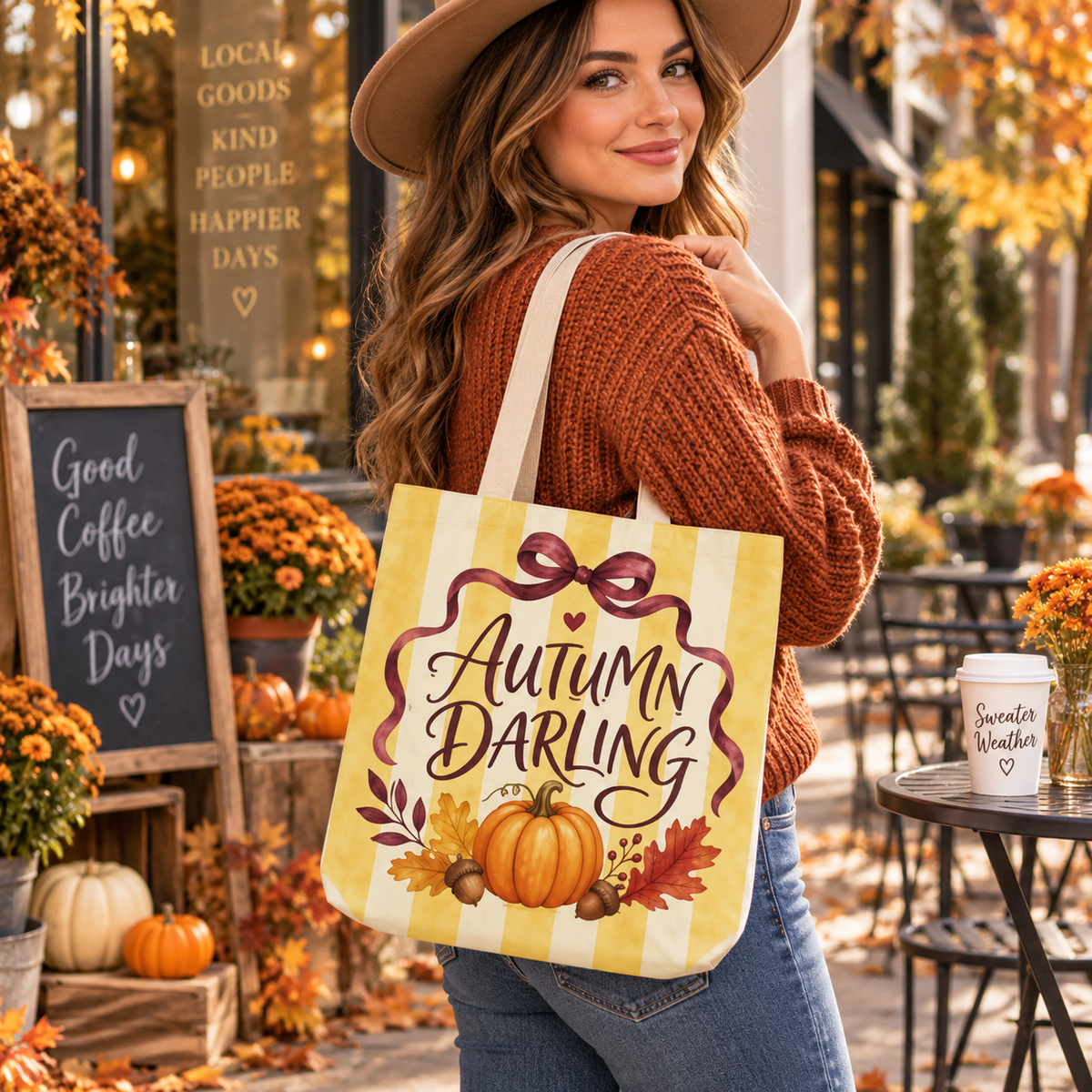 Bolso Tote de Otoño “Autumn Darling” — Diseño de Calabazas y Rayas