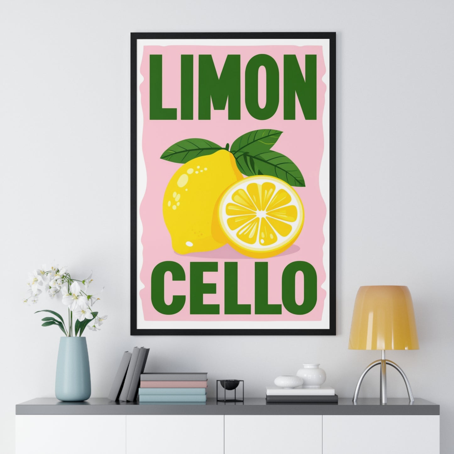 Limoncello Lemon Art Poster — Bold Pink & Green Kitchen Wall Print
