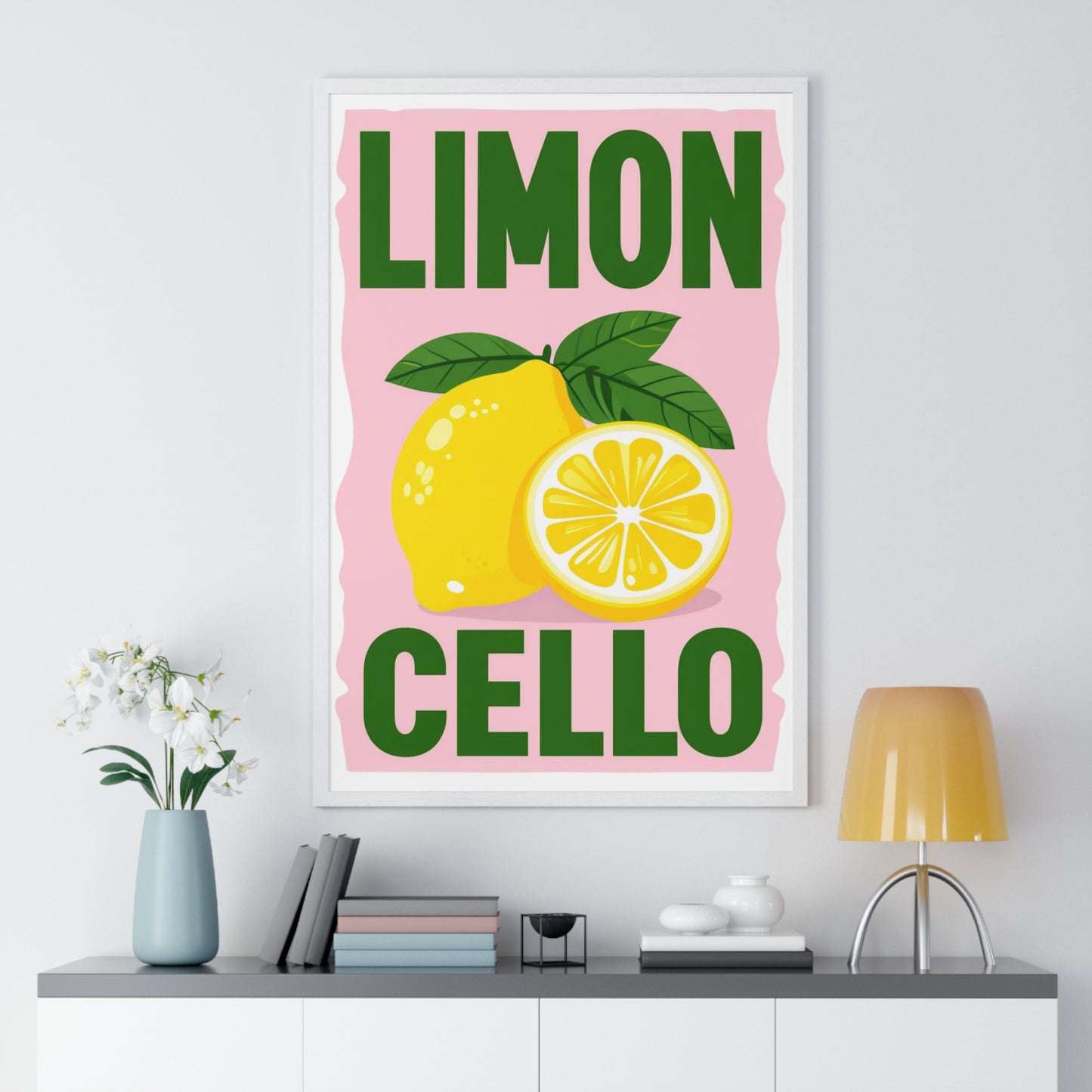 Limoncello Lemon Art Poster — Bold Pink & Green Kitchen Wall Print