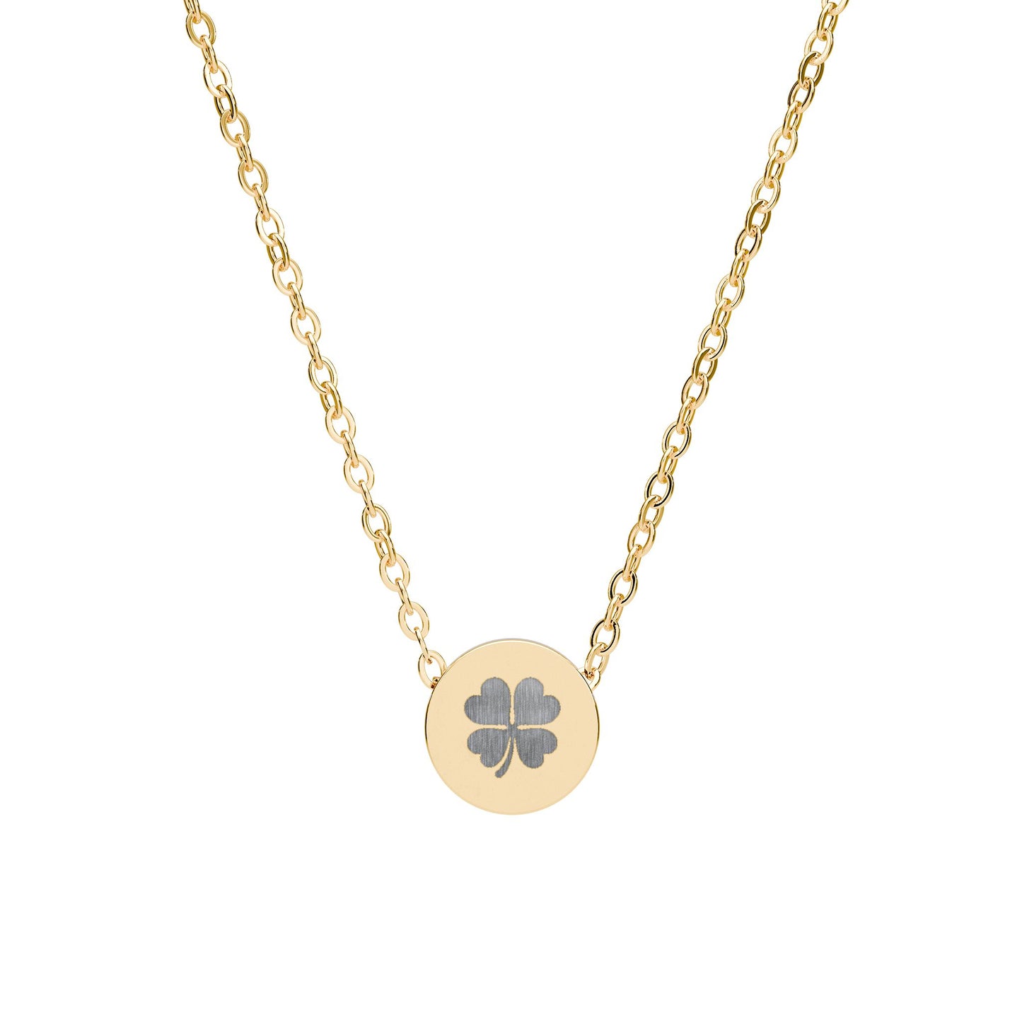 Collar Mini con Trébol de Cuatro Hojas — Colgante Circular Grabado de la Suerte