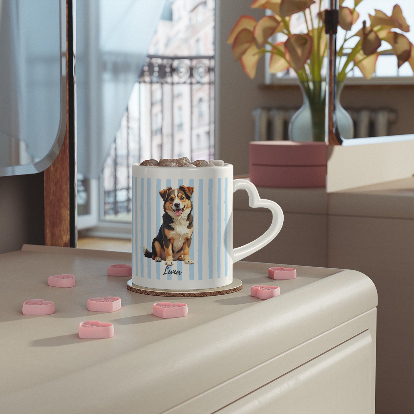 Taza Personalizada para Mascotas — Diseño de Perro con Nombre y Rayas Azules