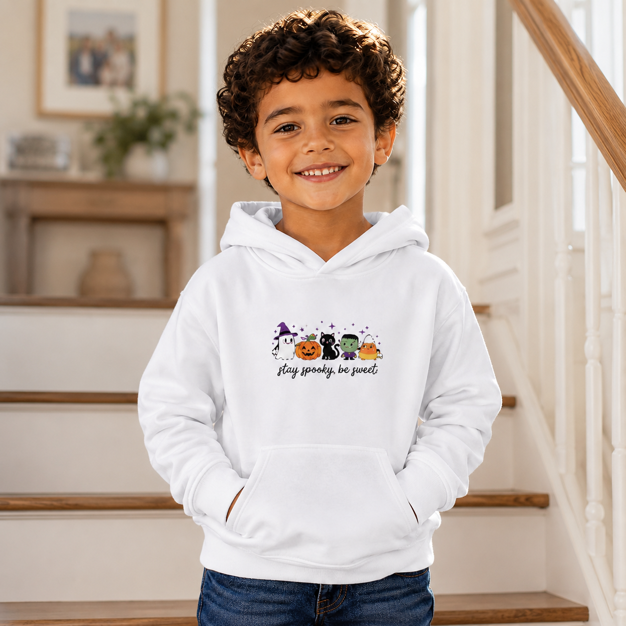 Sudadera Infantil de Halloween — “Sigue Espeluznante, Sé Dulce” con Fantasmas y Calabazas