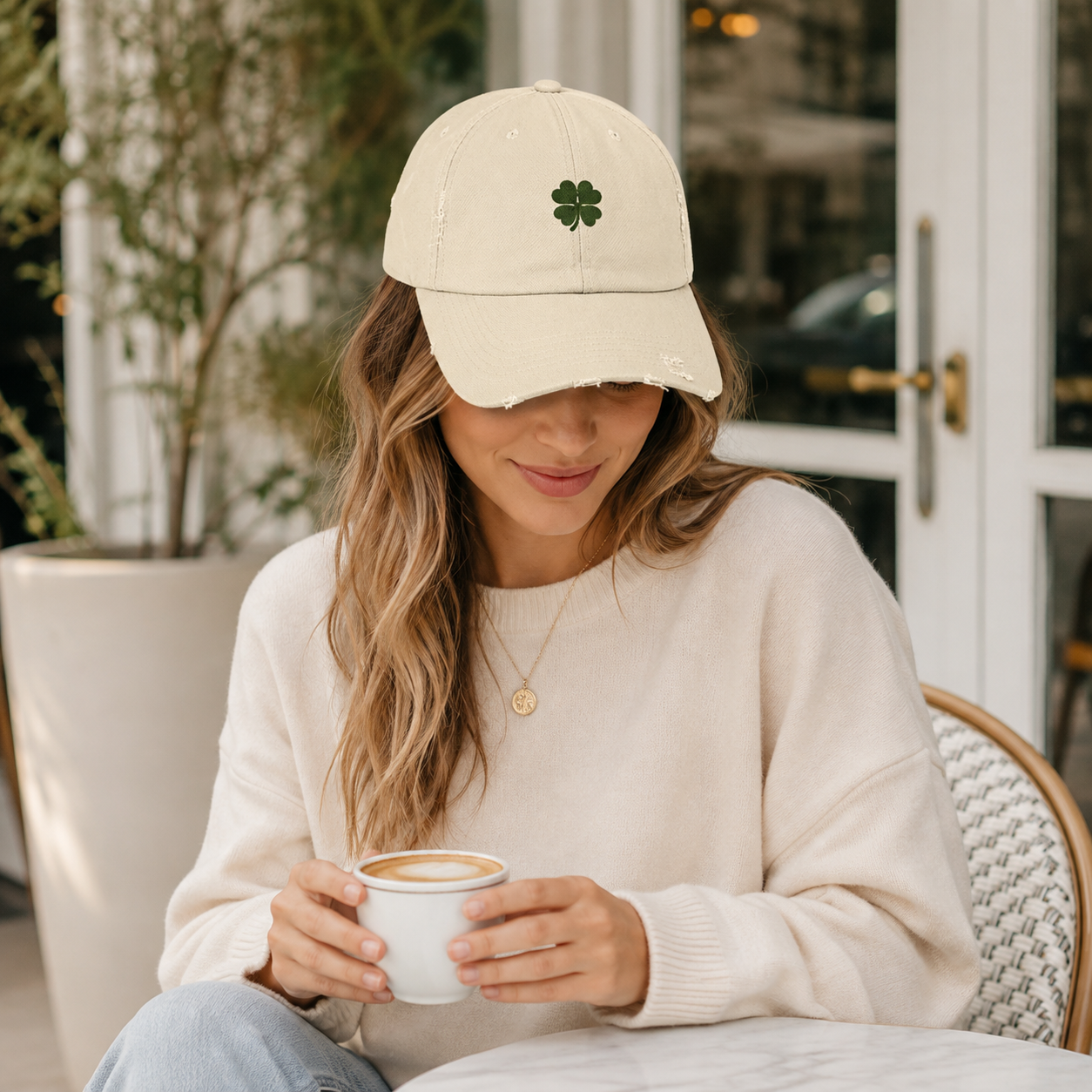 Gorra Vintage con Trébol Bordado — Estilo Desgastado, Casual y de la Suerte