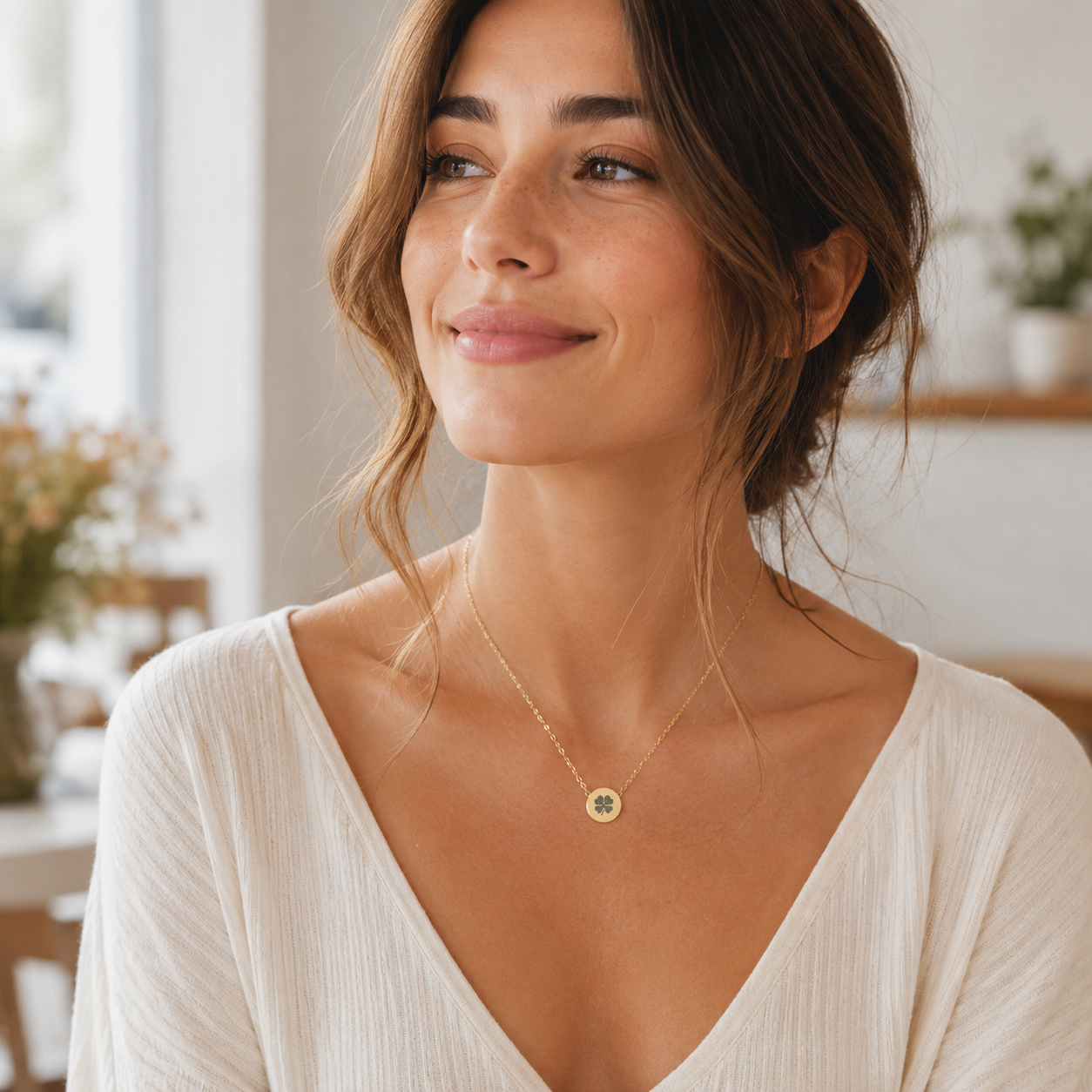Collar Mini con Trébol de Cuatro Hojas — Colgante Circular Grabado de la Suerte