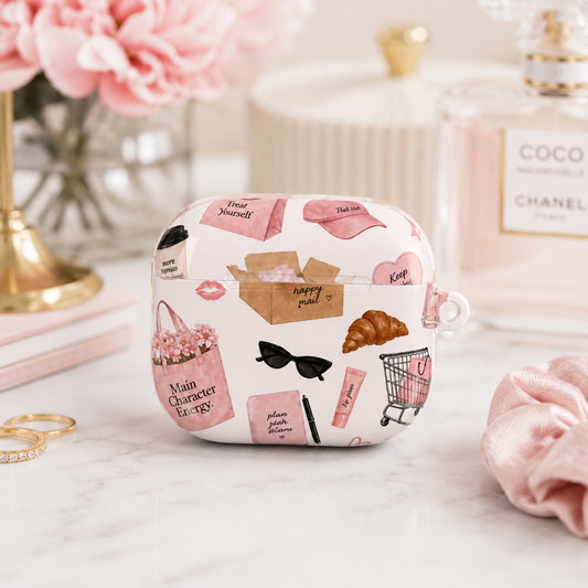 Estuche para AirPods Rosa — Diseño Aesthetic “Treat Yourself” con Estilo Shopping & Lifestyle