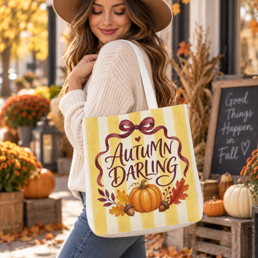 Bolso Tote de Otoño “Autumn Darling” — Diseño de Calabazas y Rayas
